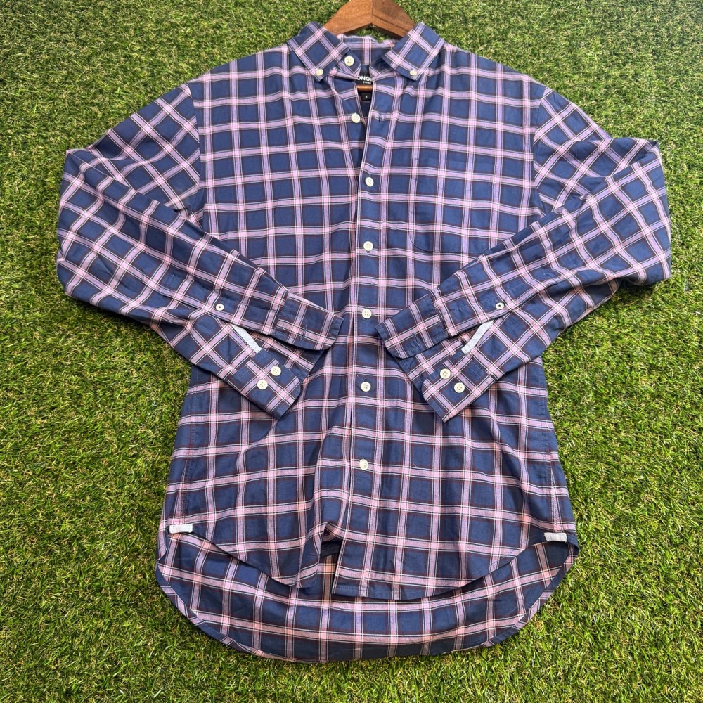 Bonobos Stretch Slim Fit Shirt Mens S Navy Purple Plaid Long Sleeve Button Up